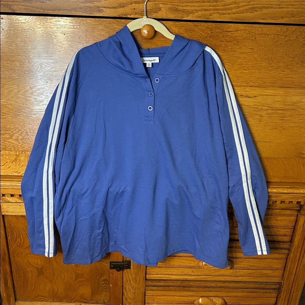 Serengeti Y2K Baggy Blue Tracksuit Set Hooded Henley Top & Striped Pants Sporty